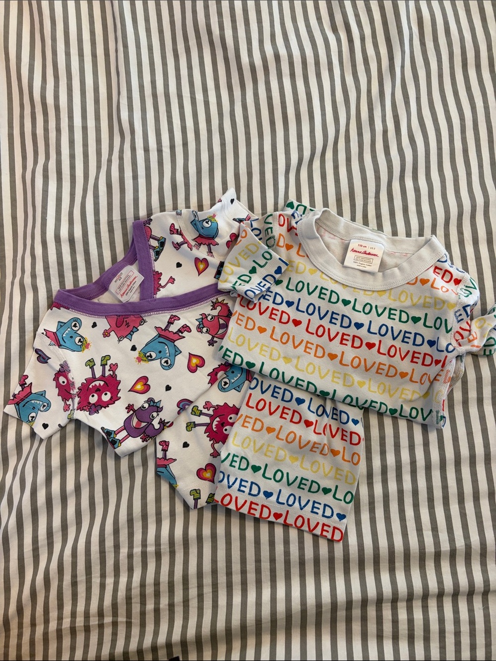 Hanna Andersson Short-Sleeve Pajama Set with Rainbow "LOVED" and Monster Prints